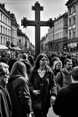 woman in the midle of a cross peatonal in e great city; behind her, unfocaused, other people walking, realism, black and white