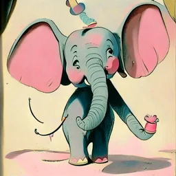 1940s animation art of Dumbo, a baby circus elephant with abnormally large ears that allows him to fly, surreal scene, pink parade of elephants, conceptual art, watercolor paint, early salt disney animation, hand drawn, modernist cute, Mary Blair, Harold Pearl, over exaggerated cartoonist