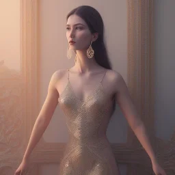 serious beautiful woman in a dress, holding scissors behind her back and turning to face the viewer, digital art, octane render, redshift render, ambient lighting, trending on art-station