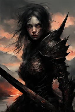 A formidable warrior girl in black armor, against monster, against the background of an amazing gloomy landscape flooded with sunset, mountains, trees, a fabulous scary hero, juicy emotions, painting, gloomy fantasy, gloomy day, dark world, portrait, oil and graphite, wide strokes, a weaving frame around, by Ryohei Hase, Agnes Cecile, Raymond Swanland, Anne Bachelier