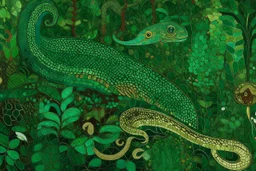 A teal jungle with serpents painted by Gustav Klimt