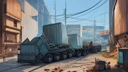 recycling, a garbage truck unloads garbage with a city background