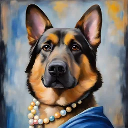 /imagine prompt: paint a German Shepherd dog into a unique masterpiece in the likeness of the girl with the pearl earring on the dog by artist Vermeer. The German Shepherd dog is to look like the girl with the pearl earring in this interpretation. Utilise crayons as the medium, capture the essence of vermeer's iconic style.