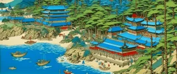A blue water park resort on a beach designed in Chinese paper art painted by Utagawa Hiroshige