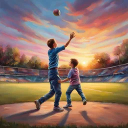 Hallmark card, loving Father and adorable young son playing catch on a little league baseball diamond at sunset, matte oil painting featuring cool pastel colors and loose brushstrokes, beautiful layers of colorful textured paint, epic artistic masterpiece,