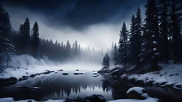 night in a forrest,a wide angle shot of a white owl flying ,mist,a fir forrest ,dark sky,stars,creek, valley,reflections snow,