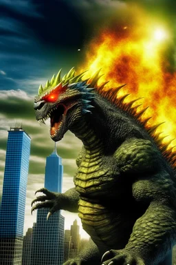 un godzilla ultra géant dans une très grandie ville comme new york avec des building très haut, qui est en colère avec l'air méchant crachant beaucoup de feu.