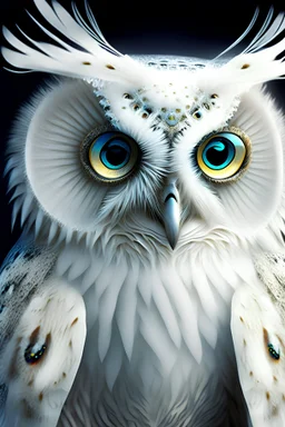 multi-dimensional dream animal, drop ears, alien eyes, owl beak, white fur and feathers