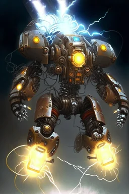 mechanical robot exosuit make electricity lightning coming from it, steampunk exosuit