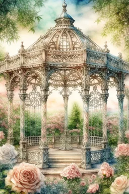 watercolor with drawing, Elegant filigree English gazebo entwined with gorgeous roses, beautiful landscape,magnificent peonies, large flowers pixel graphics, many details, subtle sensuality, realism, high quality, artwork, hyperdetalization, professionally, filigree, smoky haze, hyperrealism, transparency, delicate pastel tones, backlight, contrast, fantastic fabulous, unreal, translucent, luminous, clear lines.