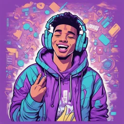 masterpiece, intricate details, a wide angle 2D anime bold line flat color illustration of a cheerful boy in a high purple hoodie and headphones in hip hop style, dopamine style, overlaying mixed patterns of pop art text and emoji device installations, sharp focus, charming character illustration, beautiful vibrant kuler palette gradient