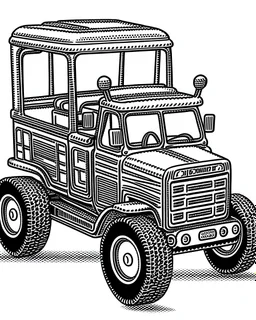 A black-and-white outlined drawing of lovely dinosaur driving a Farm Tractor, high-resolution detail, cute style, for kid's coloring books