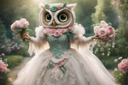 an anthropomorphic, owl bride happily throwing a bouquet in a beautiful garden. The owl has fluffy feather in shades of light brown and grey with distinct tabby markings on its face. Its large, expressive eyes are a deep emerald green and it has a small, pink nose. The owl is wearing embroidered white lace bride dress, tulle, gemstones, pearls, adorning the hem and bodice. Behind her, a celebrating crowd, owls and people dressed in elegant clothes, wedding food and cake on the tables. Behin