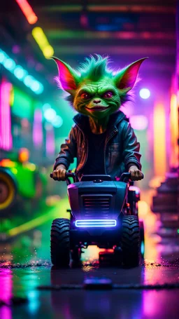 flipped paint brush fuck you portrait of Hairy Gremlin pimp ninja yoga cyber punk in flying hipster lawn mower tractor parked in dark neon lit reflective misty wet arcade hall tunnel,bokeh like f/0.8, tilt-shift lens 8k, high detail, smooth render, down-light, unreal engine, prize winning