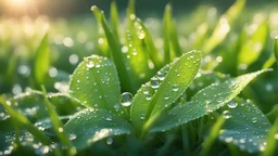 Green grass leafs with dew drops in the morning sunlight.