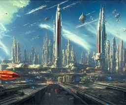 Spaceport on a heavy industrialized planet with a vibrant city in the background and a starting spaceship in the foreground, art by John Berkey, buildings with glass facades, Brutalität architecture, insanely detailed, vibrant, 8k uhd, cinematic atmosphere, perfect lightning, ultra-wide angle, street level view, brush strokes, blue sky with clouds, sharp focus, centered