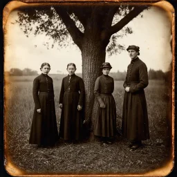 Daguerrotype, mysterious figures, odd background, tree