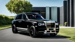 A (((Super Black Rolls-Royce Cullinan))) featuring a luxurious interior, advanced technologies, and a sleek body kit designed by MANSORY, exuding an air of sophistication and power