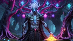 awesome gorgeous (evil zombie male elf:1.5) weaving a magical spell around the Life tree, intricate detail, sharp, colorful, iridescent, deep color, pink blue yellow grey and black fairy forest, 8k resolution, trending on Artstation, glowing runes, zombiecore, H.R. Giger, dynamic lighting