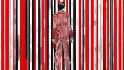 The image features a figure standing against a striking backdrop of red and white vertical stripes. The figure is also dressed in a form-fitting outfit that mirrors the background pattern. To the side, there is a stylized, abstract shape in a similar red and white color scheme, creating a cohesive and vibrant visual effect. The overall composition emphasizes a bold contrast and an immersive environment.