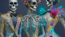 Surreal Painting Entitled "Homo Consumerist"; A Partially Skeletonized Celebrity Couple Wearing Haute Couture Made Out Of Bits And Pieces Of Colorful Items From The Mysterious Depths Of A Bird's Nest.