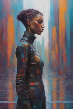 an impasto painting of a sad cyberpunk girl standing in front of a glass city, op art, bronze - skinned, geometric curves, featured art, philosophical splashes of colors, art brought to life, soul shock