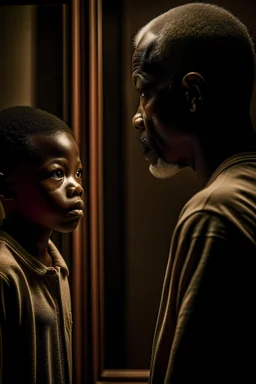 an older Black man looking in a mirror and seeing a sad child in his reflection. The older man represents someone who has aged and carries the experiences and burdens of life. The sad child symbolizes lost innocence and unfulfilled dreams. The man may see himself in the child, recalling a time when he was young and held innocent hopes and dreams before undergoing the transformations and experiences that shaped his life. The image of the sad child in the mirror serves as a reminder to the man of