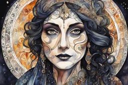 random watercolor Zentangle patterns in the styles of Gustav Klimt ,Wassily Kandinsky, Alphonse Mucha, and Kay Nielsen that depicts an aged and haggard female Spanish bruja, with highly refined facial features, in a darkened cathedral alcove , with fine ink outlining