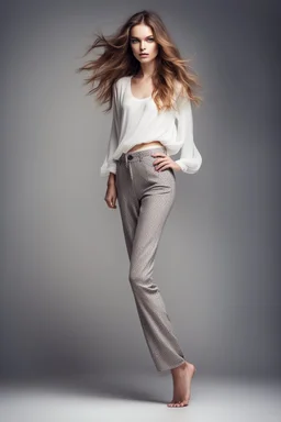 full body portrait of a girl fashion model flowing hair,pretty pants and top, perfect face photo studio lights