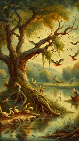 Bosch painting style , old willow tree by the river , a lovely ducks is swimming in the river