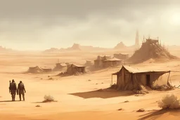 Side view, concept art, Post-apocalyptic desert with village, lots of detail