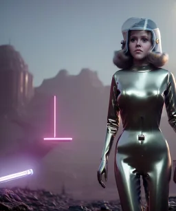 Ultra Realistic retro sci-fi image of 1960, many people looking to sweet teenager Jane Fonda, dress with tight latex coat and retro glass helmet, Retro sci-fi style, soft color, highly detailed, unreal engine 5, ray tracing, RTX, lumen lighting, ultra detail, volumetric lighting, 3d, finely drawn, high definition, high resolution.