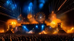 biggest rock concert in the world at night with lots of fire and lights and fireworks above