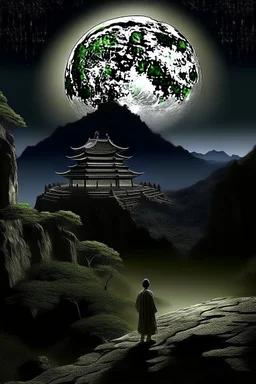 THE MOON HIDDEN SHADOWY FIGURESat the temple on the mountain meeting big brother STYLE OF HIROKU OGAI