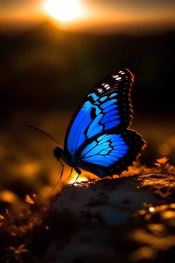 Mariposa azul al atardecer