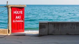 A bright red door with the words HÜLYE AKI ELOLVASSA is partially open, set against a backdrop of calm blue ocean waters and a sandy beach. The wall around the door is weathered and peeling, with exposed concrete and some electrical wires visible. The scene has a tranquil yet surreal quality, with gentle waves lapping at the shore and hints of sunlight illuminating the area.