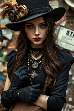 adult, woman, necklace, steampunk hat, delicate features, unique style, pale skin tone, dark eyes, dark lipstick, regal rebell-steampunk dress, dark dress, black elbow gloves, long hair, holding an mecha-cotton bag, ethno steampunk style, whimsical vibe, high detalied, realistic, cinematic, random background