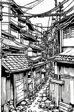 Poor neighborhood Tokyo, line arts, manga style