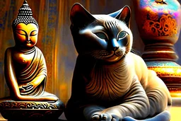 Elegant feline (Siamese cat) laying on Buddha statues lap, observing Thailand, painting impressionism, beautiful, artistic detailed Modifiers: elegant illustration intricate oil on canvas cinematic lighting very attractive beautiful dynamic lighting fantastic view close up hyperrealistic crisp quality hdr cinematic postprocessing Thomas Kinkade Caspar David Friedrich focused Craig Rutkowski