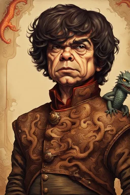 A portrait of an odd but strangely beautiful yet odd little humanoid creature named Herve Villechaize in the role of "Tyrion Lannister" from "Game of Thrones" with a dragon in the background Modifiers: very cute Norman Rockwell style of Bobby Chiu style of Chris Ryniak