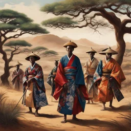 Warning: Close-up. Rich colors, intense sharpness. Cinematic and realistic illustration of African villagers in traditional kimonos, combining elements of samurai and kabuki aesthetics. They are working together in a savannah landscape, with a desert tree in the background. They care for lions and leopards, while their vibrant kimonos contrast with the earth tones of the surroundings.