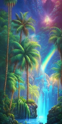 Triipy rainbow turquoise neon waterfall with palm trees sparkling at night in a cave detailed realistic glowing