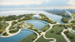 theme park of the city of the future 2050, fairy tale, radiance, abstraction, bird's eye view, walking park