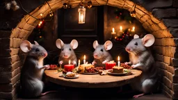 a smol mice family is having a cosey christmas dinner in their home, rat hole, (inside of a wall:1.2), dim light, candles, high details, sharp focus, christmas decorations, electrical wires, plaster, spiderwebs, christmas hats on the mice,