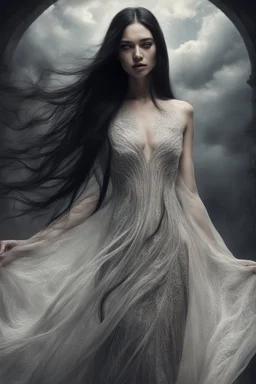 ((Hyperrealistic,hyperdetailed The image, possibly a photograph, captures the skin texture details of a incredible beautiful woman)) in lucid dreaming dress, very long black hair.