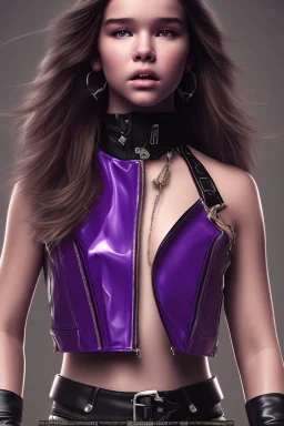 4K Ultra-HD -- Hailee Steinfeld wearing a black leather jacket and a purple halter top --4k Ultra-HD--Hyper realistic--Cinema lighting