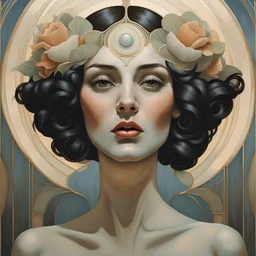 a large painting of a woman's face on a wall, mucha klimt and tom bagshaw, this painting is a large canvas, realistic art deco, large painting, mark brooks and brad kunkle, beauty art nouveau woman, elegant art, hyperrealistic art nouveau, big canvas art, female art, by John Keane, art deco painting, art. art deco