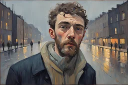 Euan Uglow-Norman Cornish oil painting, Otherworldly, young beautiful a dreaming young in UNStudio-Mvrdv cyberpunk (CITY) lights, сute beard guy, cries suffering looks behind, at the camera at half height, pastel color puffy and wool textures fashion, stormy day rainy, Cinematic lighting, Volumetric lighting, Epic composition, Photorealism, Very high detail, Bokeh blur, Sony Alpha α7, ISO1900, Character design, Unreal Engine, Octane render, HDR, By Simon Stalenhag sci-fi Art