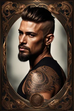 portrait of a 35 year old Handsome muscular male with light bronze skin adorned with tattoos. short hair. neatly trimmed beard. Dark fantasy. photorealistic