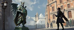 fantasy art, ,Dispute over a magical construct: A beautiful, animated statue (a shield guardian without an amulet) is standing in a street, confused. Its creator and a city official are arguing over jurisdiction.
